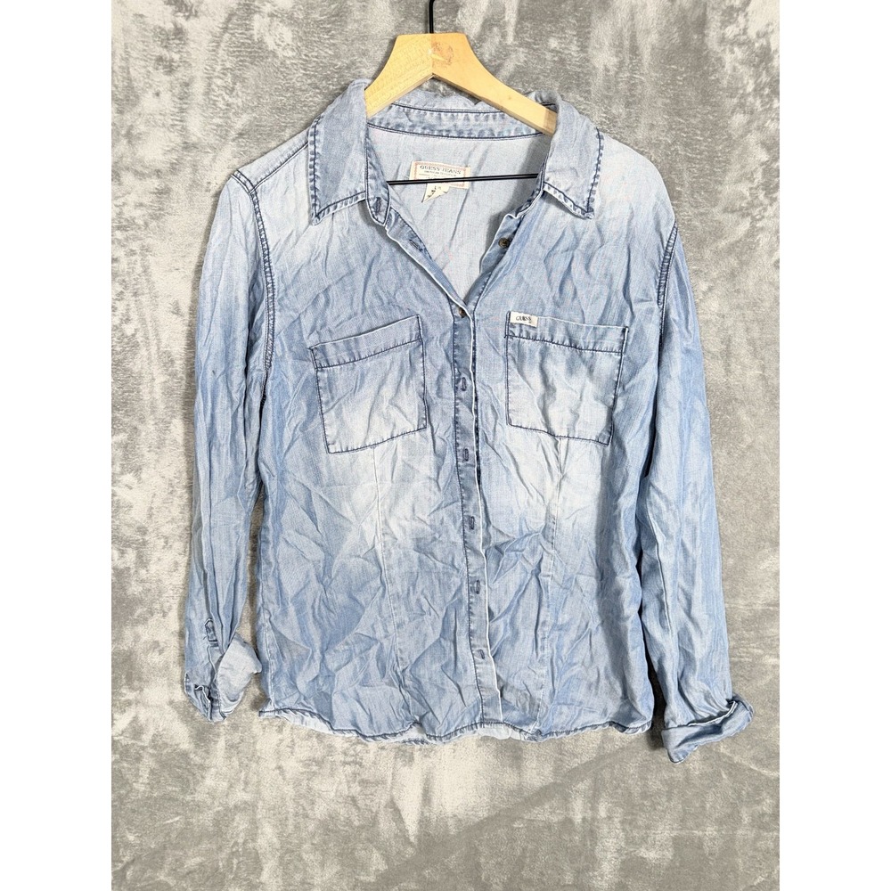 GUESS Jeans Womens Long Sleeve Button Up Shirt Size L Light Blue Tencel Lyocell